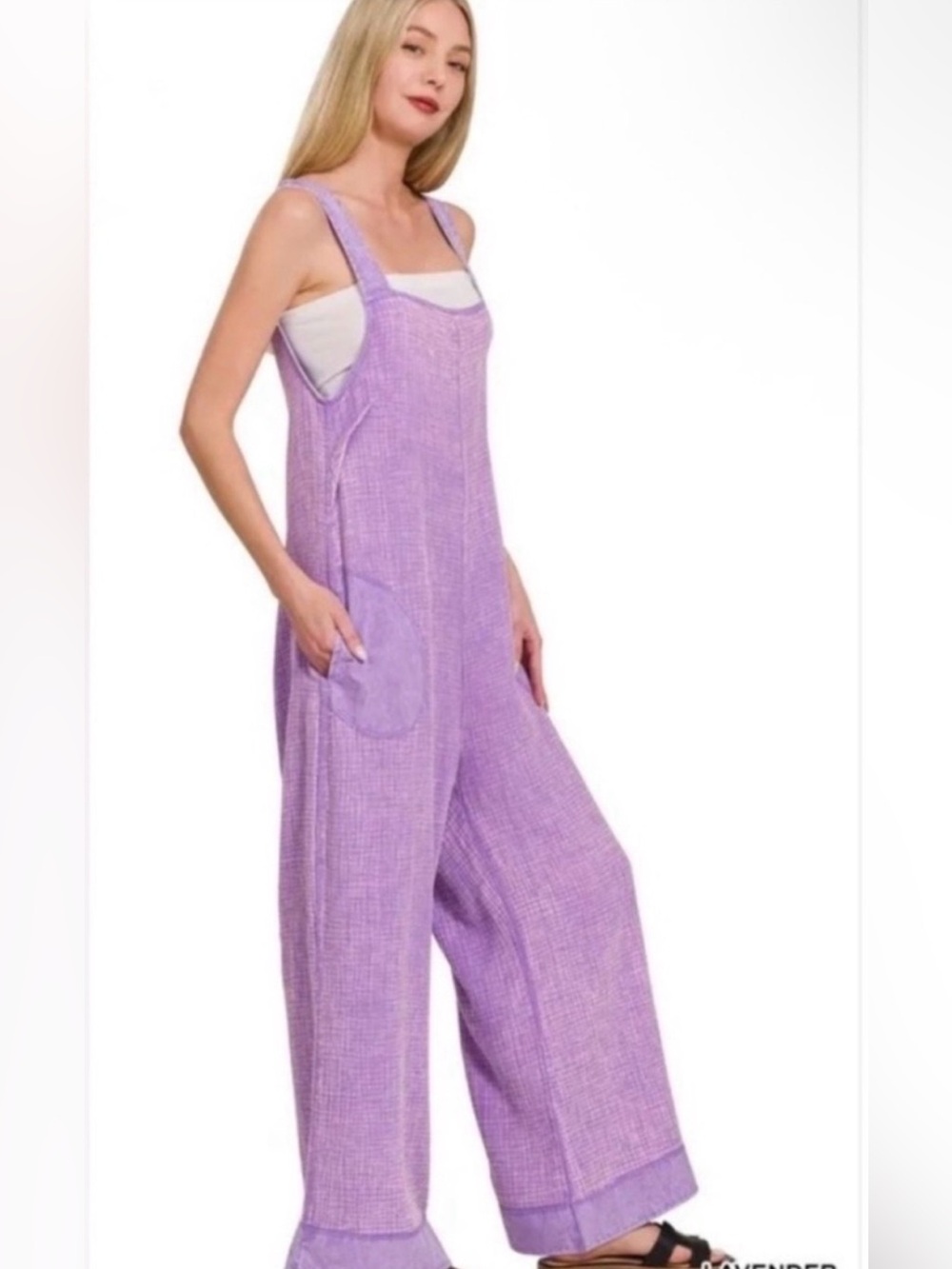 Zenana Lavender Wide-Leg Cotton Blend Jumpsuit New Size L - Picture 2 of 6